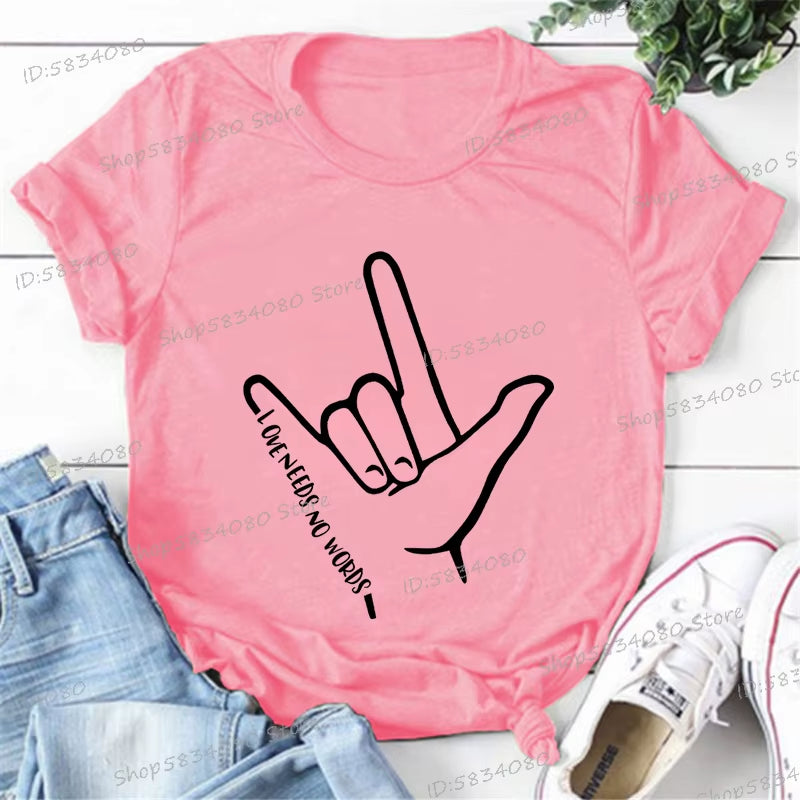 Love Needs No Words Graphic T Shirts Women Hand Sign Autism Awareness Shirt Language T-Shirt Autism Support Funny Classic Tops