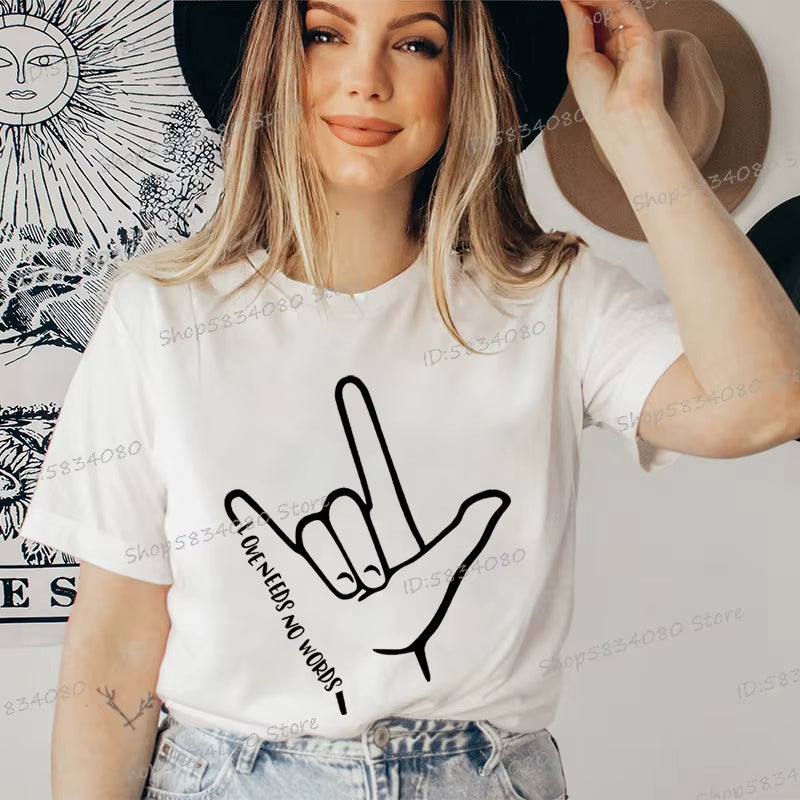 Love Needs No Words Graphic T Shirts Women Hand Sign Autism Awareness Shirt Language T-Shirt Autism Support Funny Classic Tops