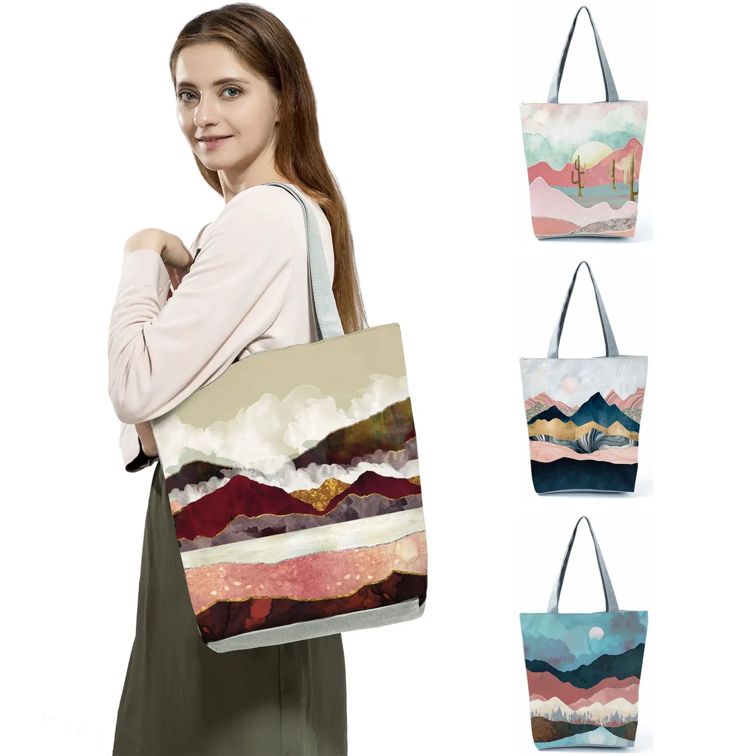 Oil Painting Mountain Forest Printing Causal Tote Bag Shopper Shopping Handbags Women Ladies Leisure Shoulder Bag Beach Outdoor