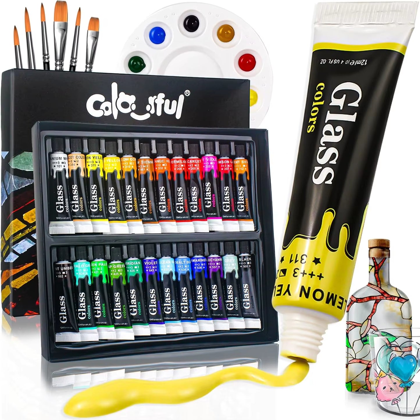 Acrylic Glass Paint Set with 6 Brushes, 1 Palette, 12/24 Colors 12Ml,Stain Glass Paints for Wine Glass, Waterproof Acrylic Paint