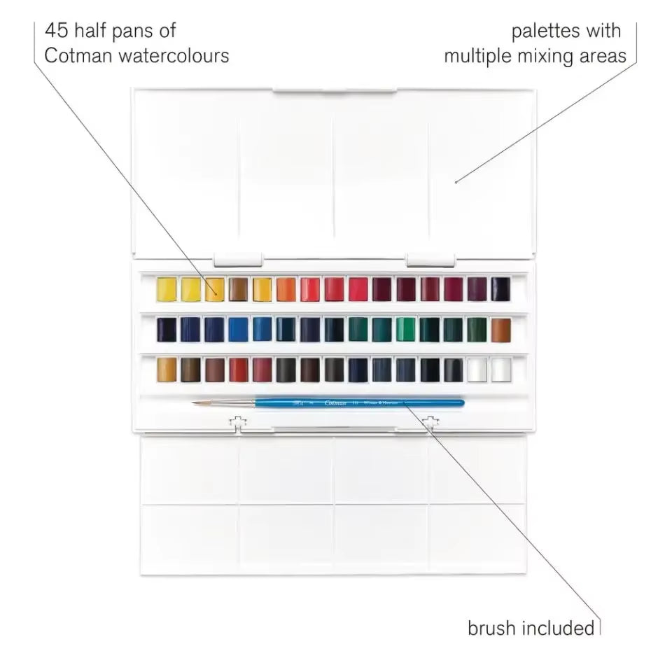 Winsor&Newton Cotman Watercolor Paint Set Studio Set 45 Half Pans with Painting Brush Palette Artists Portable Drawing Supplies