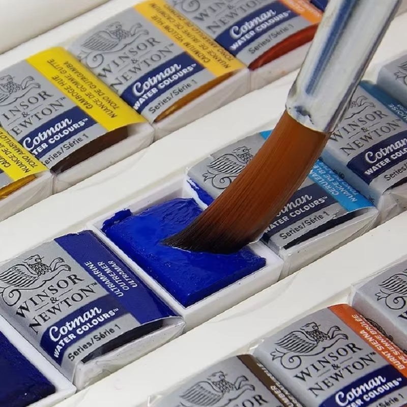 Winsor&Newton Cotman Watercolor Paint Set Studio Set 45 Half Pans with Painting Brush Palette Artists Portable Drawing Supplies