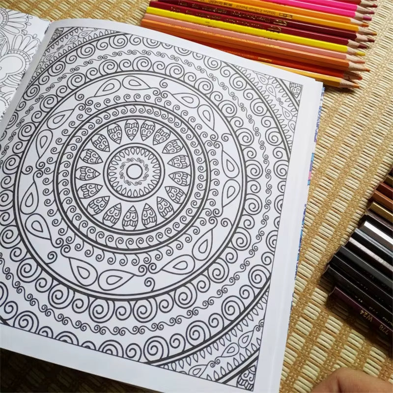 12 Color Pencils + 128 Pages Zen Mandalas Coloring Book for Adults Children Relieve Stress Kill Time Secret Garden Art Book