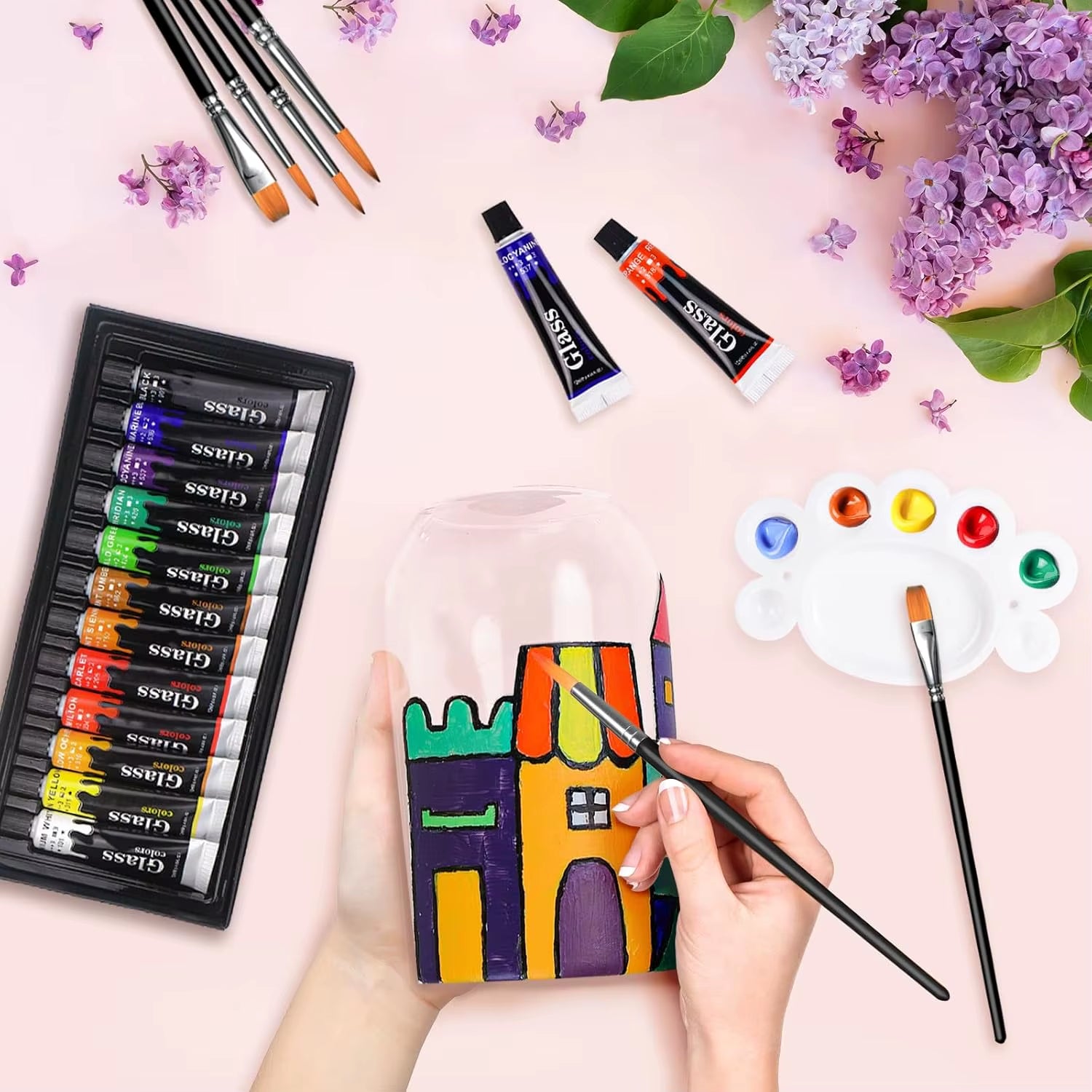 Acrylic Glass Paint Set with 6 Brushes, 1 Palette, 12/24 Colors 12Ml,Stain Glass Paints for Wine Glass, Waterproof Acrylic Paint