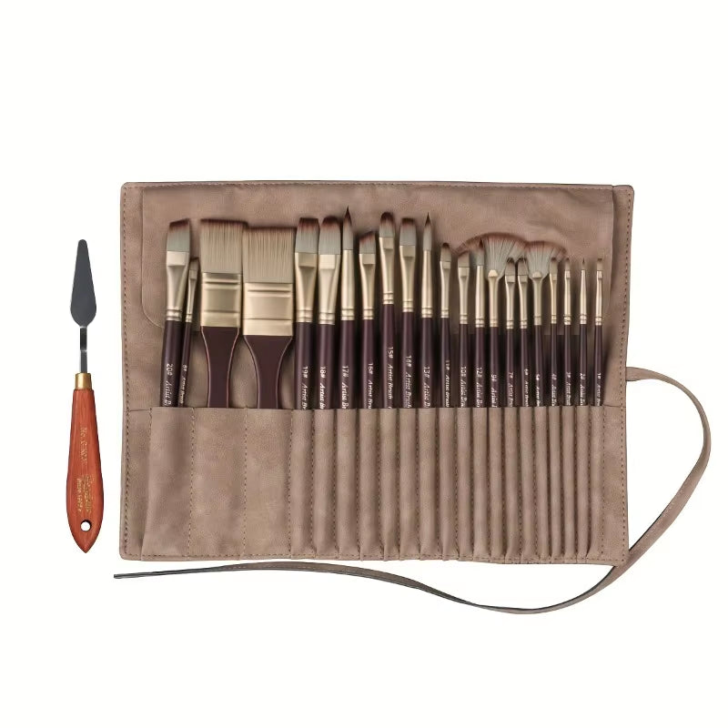 24 Pcs High Quality Nylon Hair Paint Brush Portable Simulated Leather Cloth Bag Oil Painting Brush Watercolor Set Art Supplies