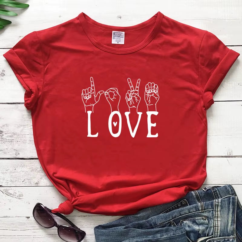 Love Sign Language T-Shirt Funny Unisex Valentine'S Day Gift Tshirt Fashion Women Short Sleeve Graphic Valentine Top Tee