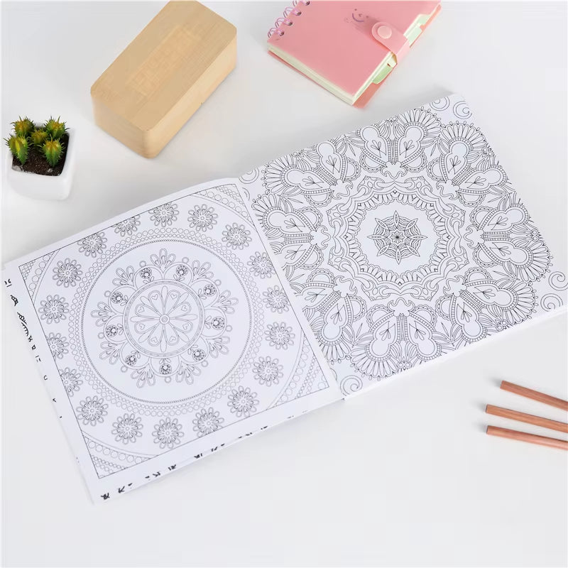 12 Color Pencils + 128 Pages Zen Mandalas Coloring Book for Adults Children Relieve Stress Kill Time Secret Garden Art Book
