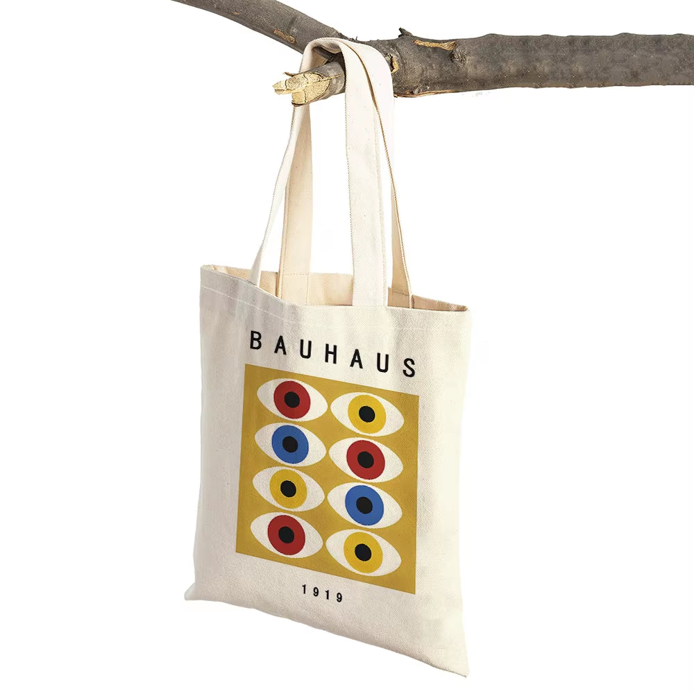 Vintage Art Child Shoulder Shopper Bag Bauhaus Exhibition Unique Women Shopping Bags Double Print Casual Lady Linen Handbags