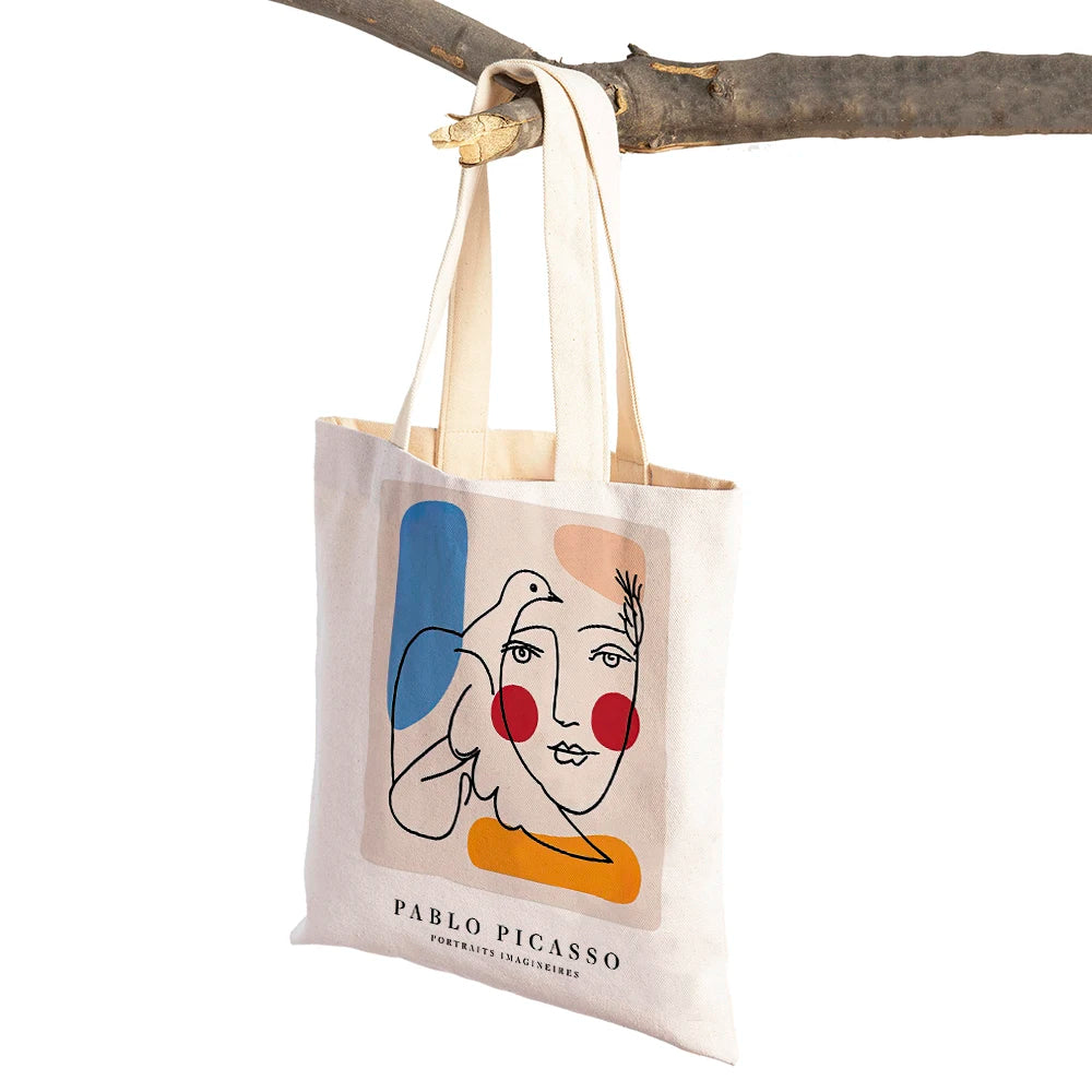 Vintage Picasso Face Pigeon Women Shopping Bags Double Sided Print Eco Casual Canvas Shoulder Handbag Geometric Shopper Bag
