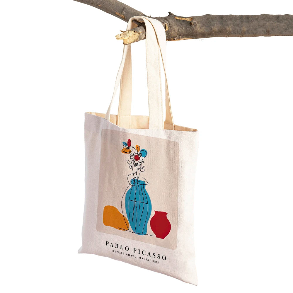 Vintage Picasso Face Pigeon Women Shopping Bags Double Sided Print Eco Casual Canvas Shoulder Handbag Geometric Shopper Bag