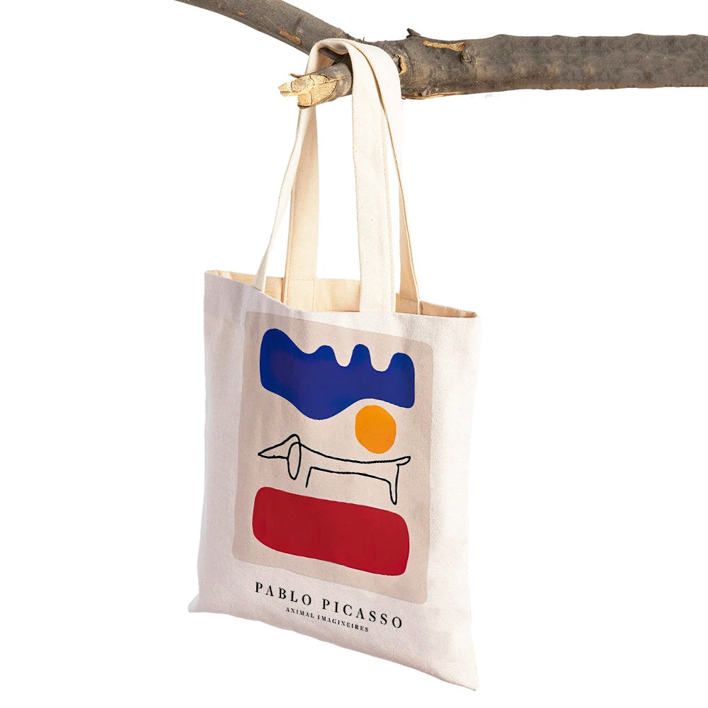 Vintage Picasso Face Pigeon Women Shopping Bags Double Sided Print Eco Casual Canvas Shoulder Handbag Geometric Shopper Bag