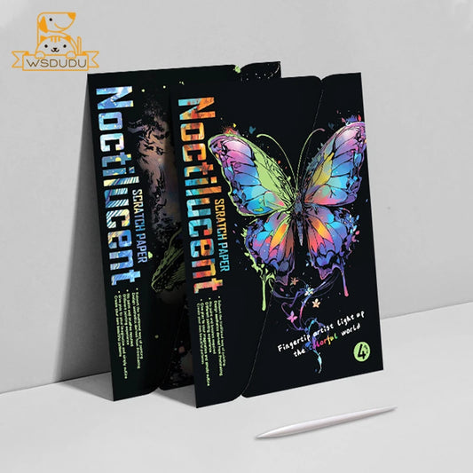4PCS Glow in the Dark Whale Butterfly Scratch Painting Paper Art Magic Drawing DIY Toy with Pen Craft Card Game Child Adult Gift