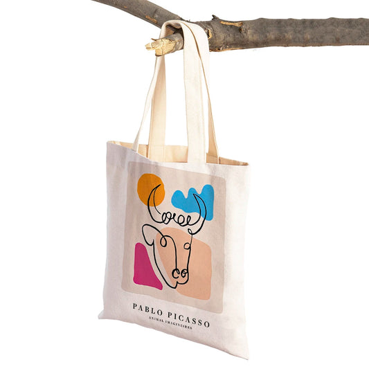 Vintage Picasso Face Pigeon Women Shopping Bags Double Sided Print Eco Casual Canvas Shoulder Handbag Geometric Shopper Bag