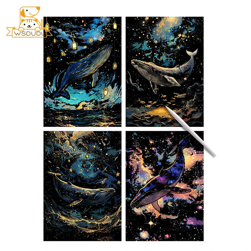 4PCS Glow in the Dark Whale Butterfly Scratch Painting Paper Art Magic Drawing DIY Toy with Pen Craft Card Game Child Adult Gift