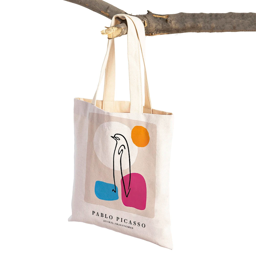 Vintage Picasso Face Pigeon Women Shopping Bags Double Sided Print Eco Casual Canvas Shoulder Handbag Geometric Shopper Bag