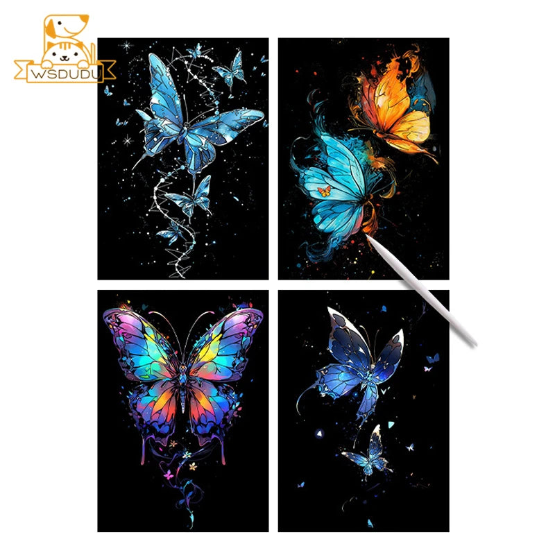 4PCS Glow in the Dark Whale Butterfly Scratch Painting Paper Art Magic Drawing DIY Toy with Pen Craft Card Game Child Adult Gift