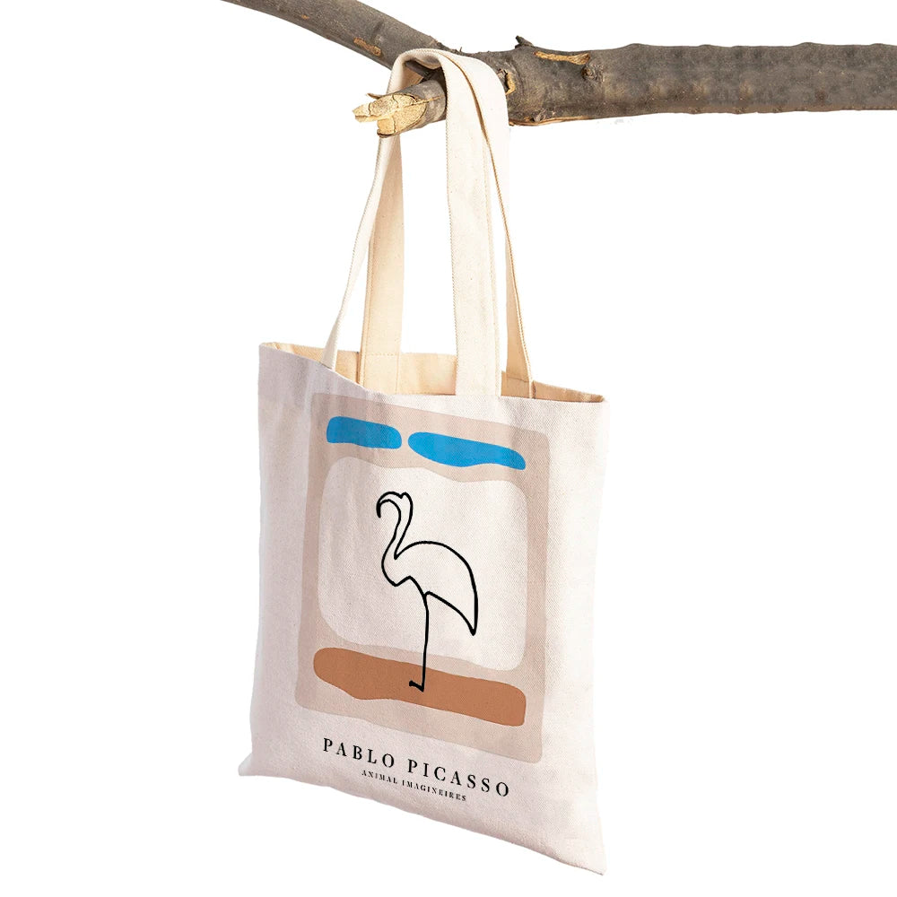 Vintage Picasso Face Pigeon Women Shopping Bags Double Sided Print Eco Casual Canvas Shoulder Handbag Geometric Shopper Bag