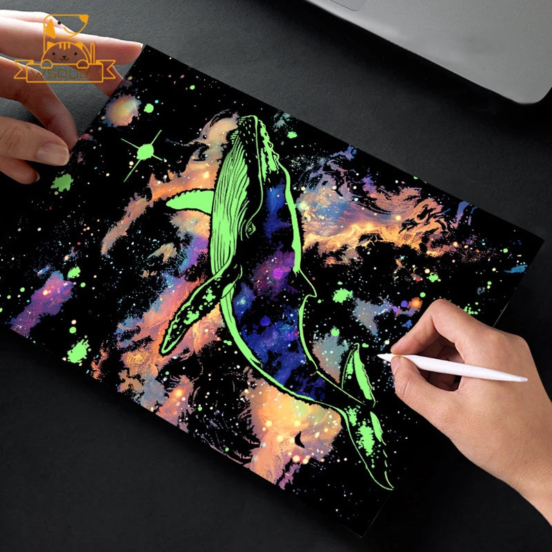 4PCS Glow in the Dark Whale Butterfly Scratch Painting Paper Art Magic Drawing DIY Toy with Pen Craft Card Game Child Adult Gift