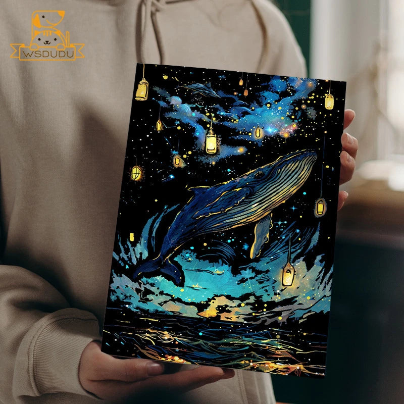 4PCS Glow in the Dark Whale Butterfly Scratch Painting Paper Art Magic Drawing DIY Toy with Pen Craft Card Game Child Adult Gift