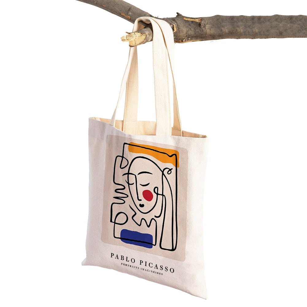 Vintage Picasso Face Pigeon Women Shopping Bags Double Sided Print Eco Casual Canvas Shoulder Handbag Geometric Shopper Bag