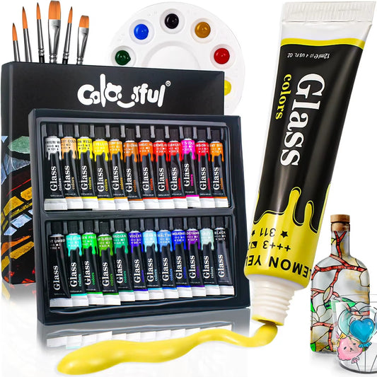 Acrylic Glass Paint Set with 6 Brushes, 1 Palette, 12/24 Colors 12Ml,Stain Glass Paints for Wine Glass, Waterproof Acrylic Paint