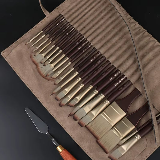 24 Pcs High Quality Nylon Hair Paint Brush Portable Simulated Leather Cloth Bag Oil Painting Brush Watercolor Set Art Supplies